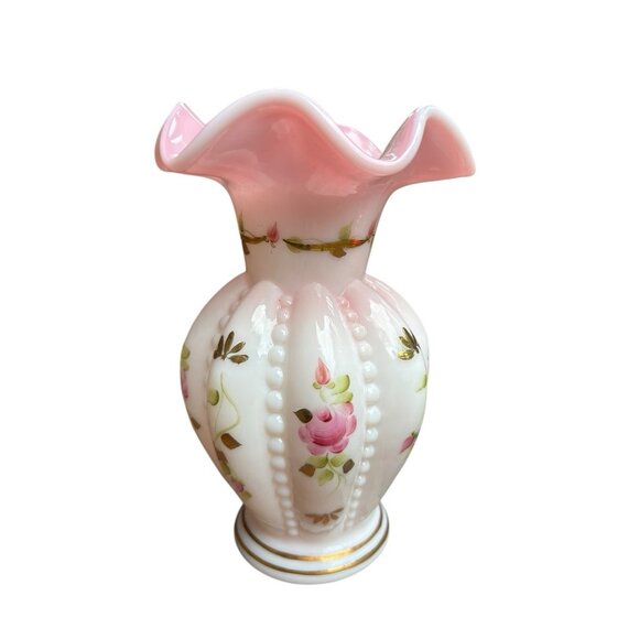 Fenton Rosalene Charleton Collection Hand Painted Beaded Melon Vase 2002 Signed - Picture 2 of 9